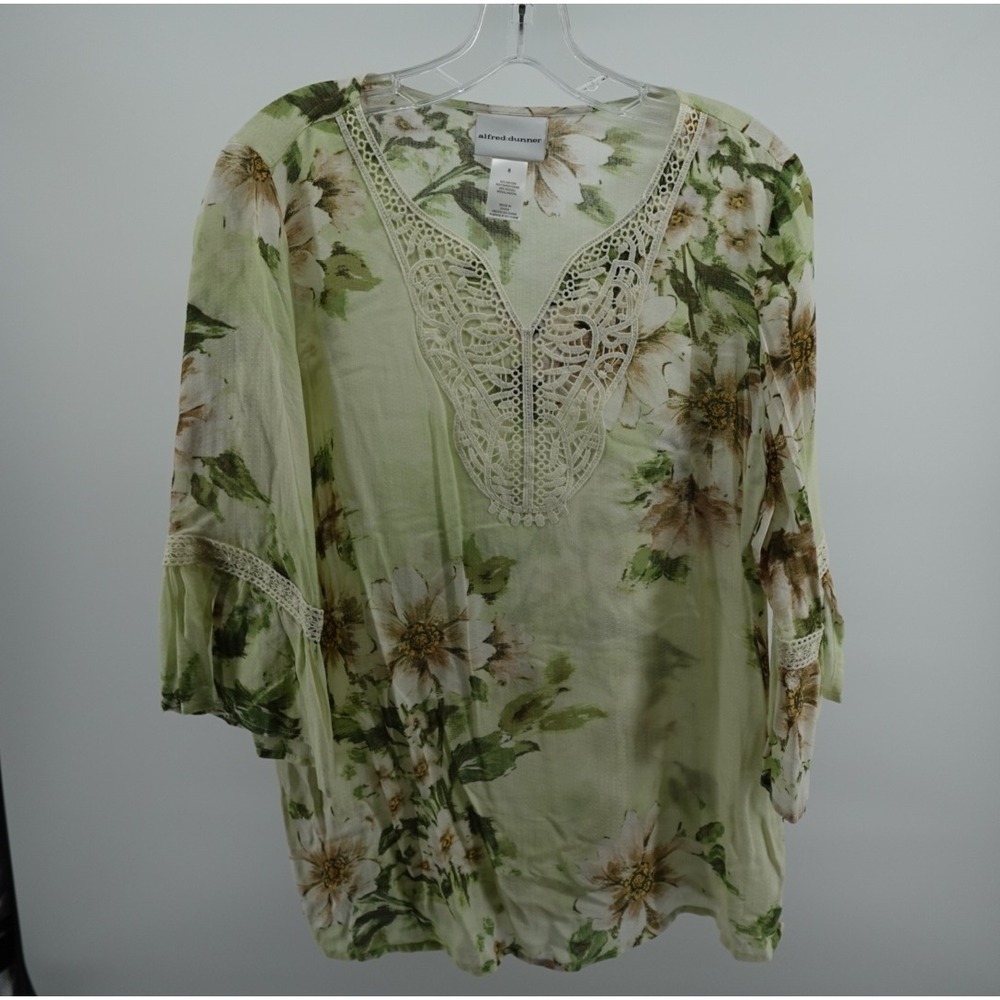 Alfred Dunner Womens Green Floral Lace V-Neck Bell Sleeve Blouse Top Size 8